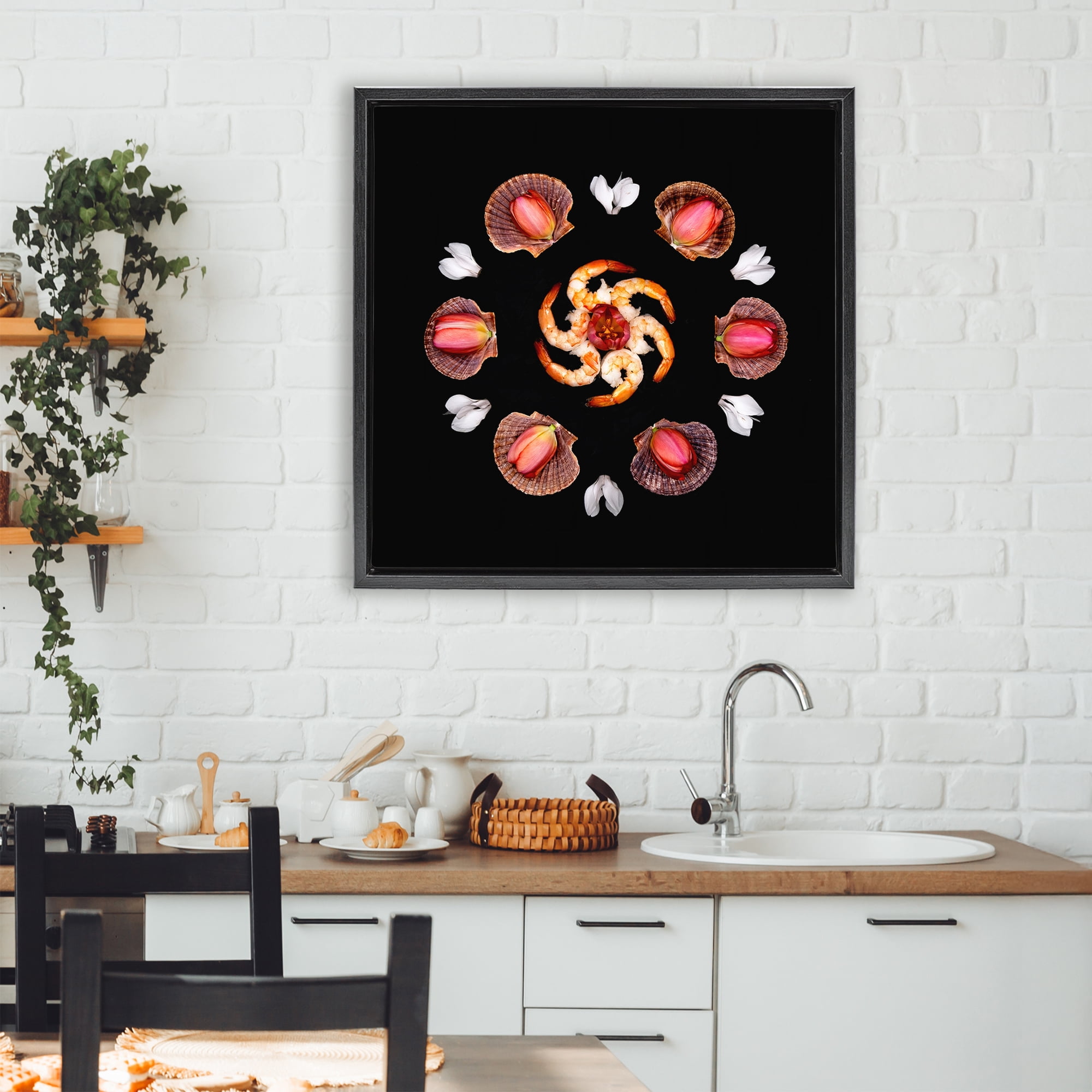 Stupell Industries Seashells & Tulips Symmetry Black Framed Floater Canvas Wall Art, design by Beth Adoette