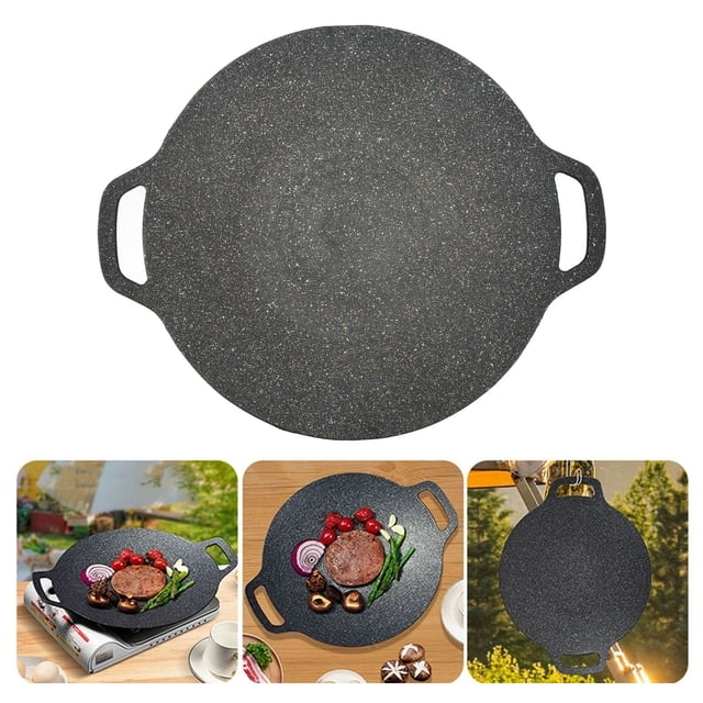 Sartén para Barbacoa Coraana, Plancha Redonda de aluminio Fundido Con Revestimiento Antiadherente de 6 Capas Con ASas Cómodas Para Cocinar en Interiors Y Exteriores, Color Negro