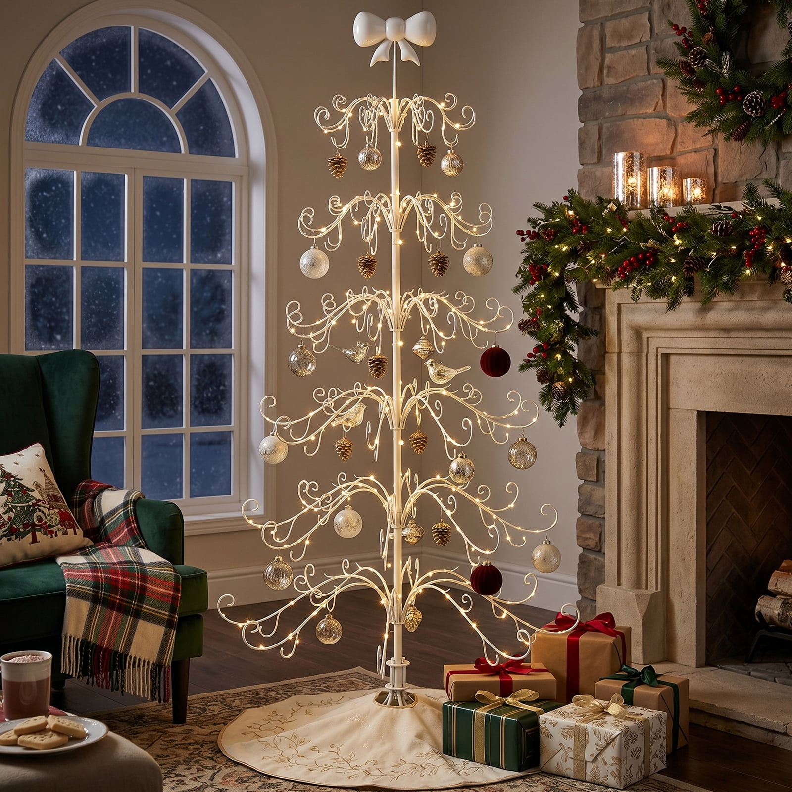 6ft White PVC Metal Artificial Christmas Tree with Bow Topper, No Extra Ornaments, Daily Decor Tree