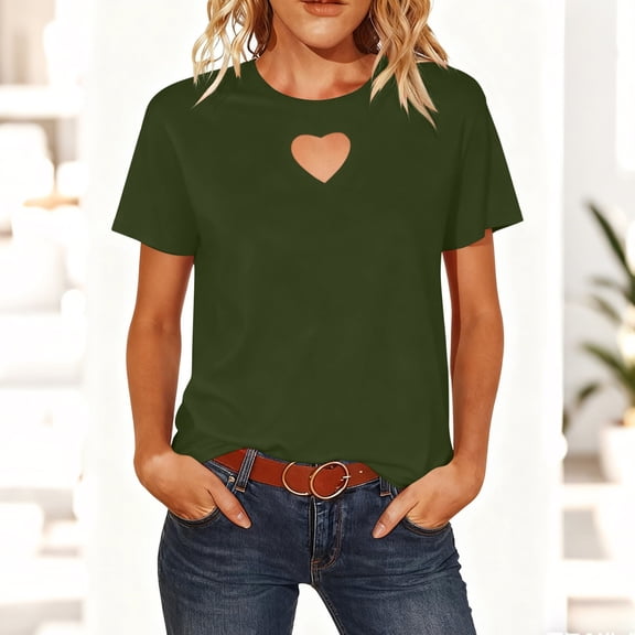 Homenesgenics Tops for Women Plus Size Short-Sleeve T-Shirt Basic Style Round Neck Cutout Heart Underlay Top Green XL