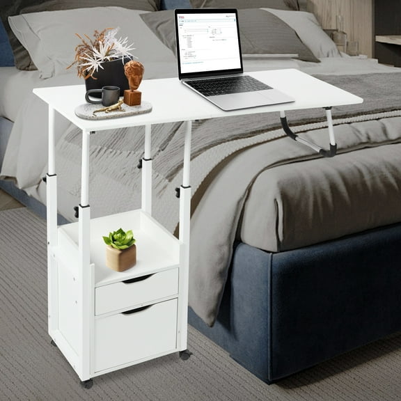 Home Office Desk with Wheels, Movable Bedside Table with Plastic Drawers, Height Adjustable Over Bed Desk for Laptop, White, for Home Office (White)