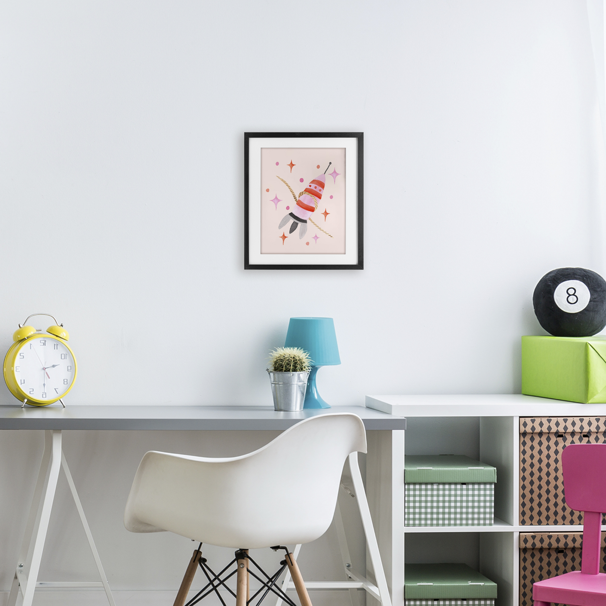 Spaceship with Lasso Black Framed Print Under Glass, design by Nina Jacobs