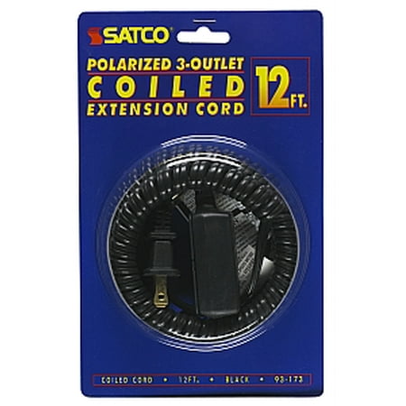 13a Indoor Extension Cord - Satco 12 FT Coiled Extension Cord 13A 125V 1625W Max Black