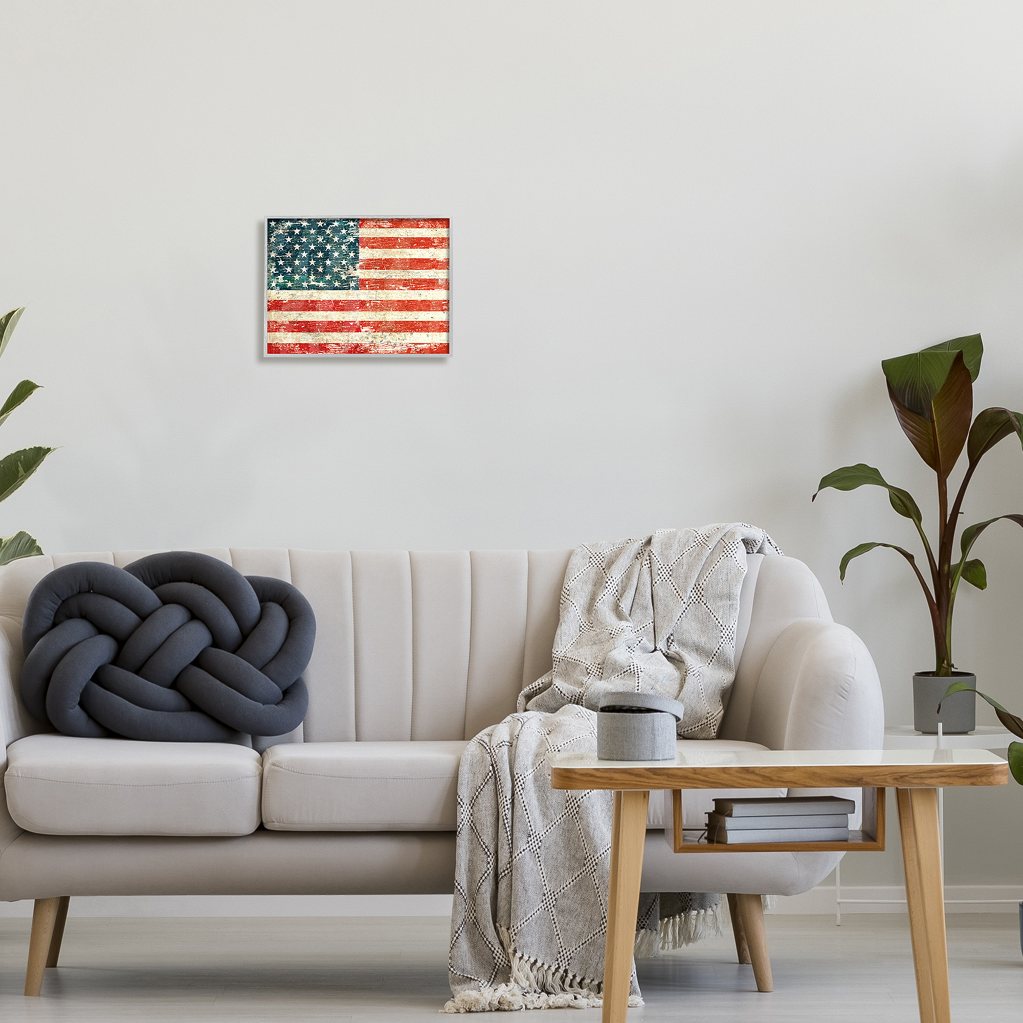 Stupell Industries Rustic American Flag Town & City Painting Gray Framed Art Print Wall Art, 14 x 11