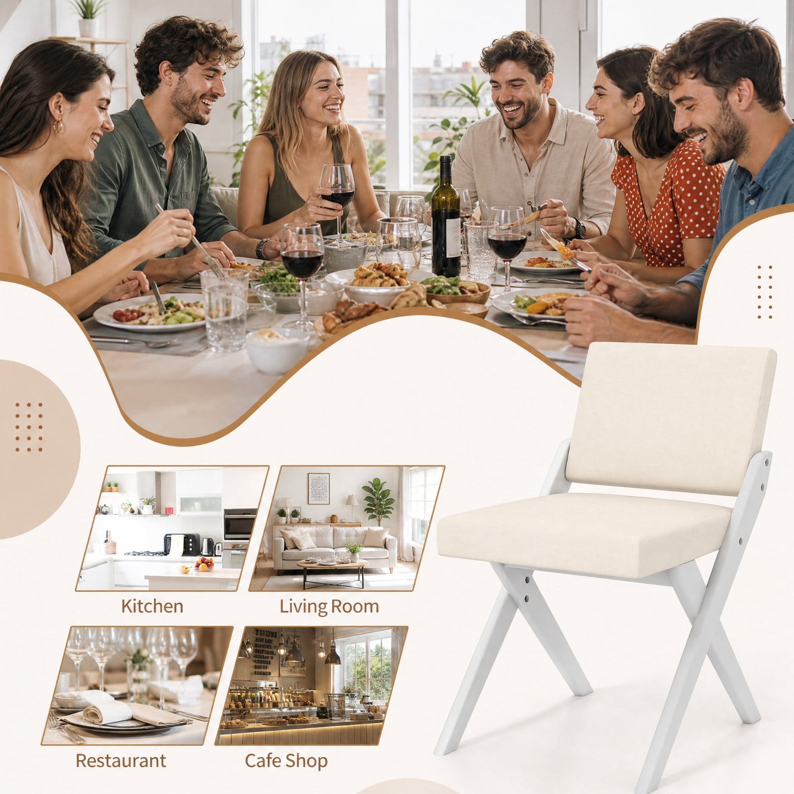 Furnibear Wooden Dining Chairs Set of 2 with Rubber Wood Frame and Padded Polyester Cushion for Kitchen and Dining Room, White