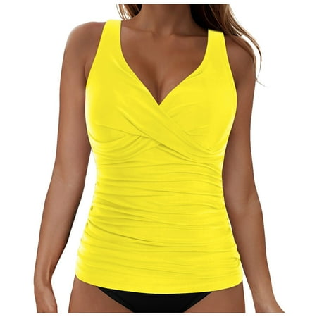 Linfrsh Women s Underwire Tankini Top Only - Push Up Swimsuit Top with Bra Support Tummy Control Bathing Suit Top No Bottom 2025(Yellow M)