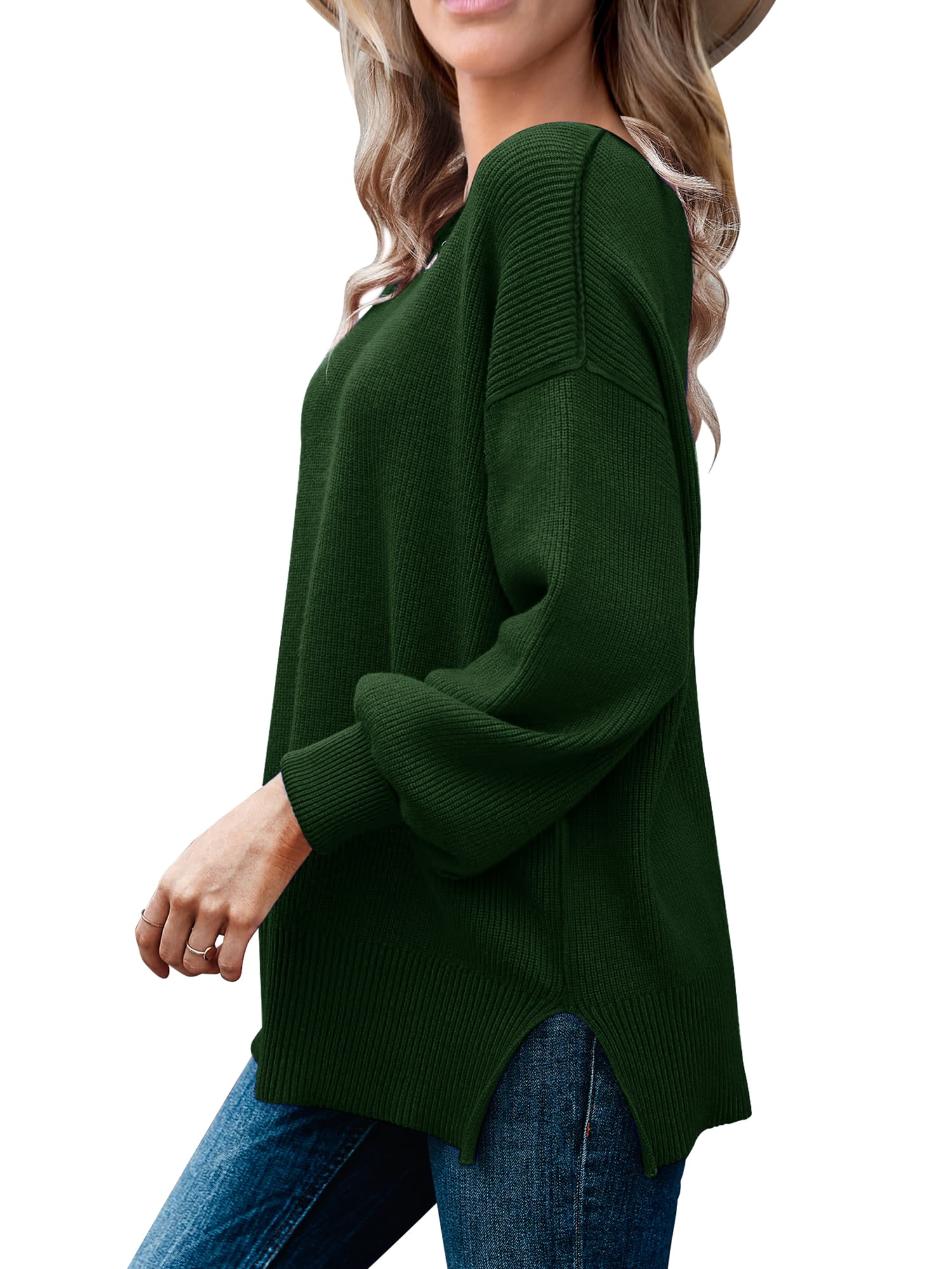 Women's V-Neck Striped Oversized Sweater - Drop Shoulder Loose Knit Pullover With Side Slits