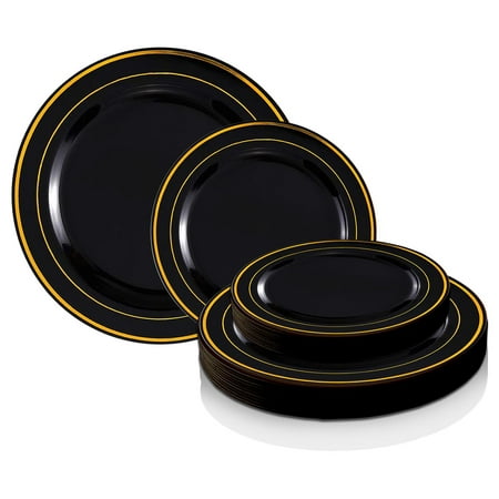 

Smarty Black with Gold Edge Rim Plastic Dinnerware Value Set 240ct