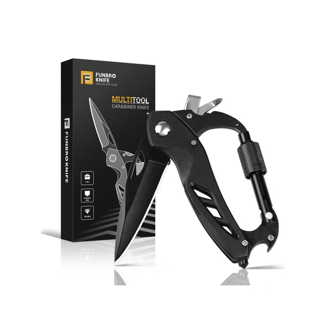 FUNBRO Multitool Carabiner With Pocket Knife, Stocking Stuffers Gifts For Men, EDC Carabiners With Folding Knives, Bottle Opener, Window Breaker And S