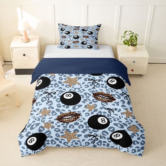 spefrowx Lucky 8 Ball Twin Duvet Cover for Teens, Blue Leopard Print Lips Print Twin Bedding, Navy Reversible, 2 Pieces, 1 Duvet Cover and 1 Pillowcase