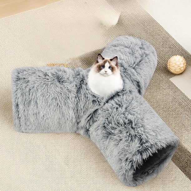 Túnel de peluche para gatos, de 3 vías, elegante y práctico, portátil, para gatos de interior, juguetes interactivos para el dormitorio de la casa de Gris