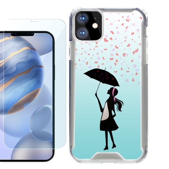 For Apple iPhone 12 Case, iPhone 12 Pro Case, Hybrid Bumper Phone case, with Tempered Glass Screen Protector, by OneToughShield ® - Rain/Hearts