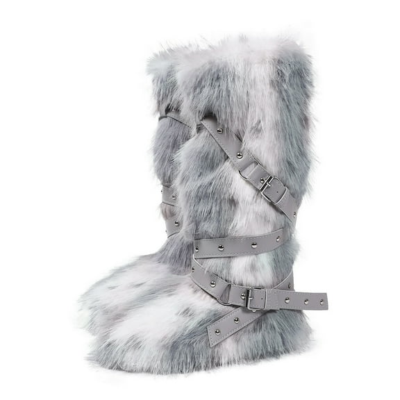 Women Winter Warm Fluffy Faux Mongolian Fur Knee High Snow Boots Girl's Stylish Thick Sole Long Boots