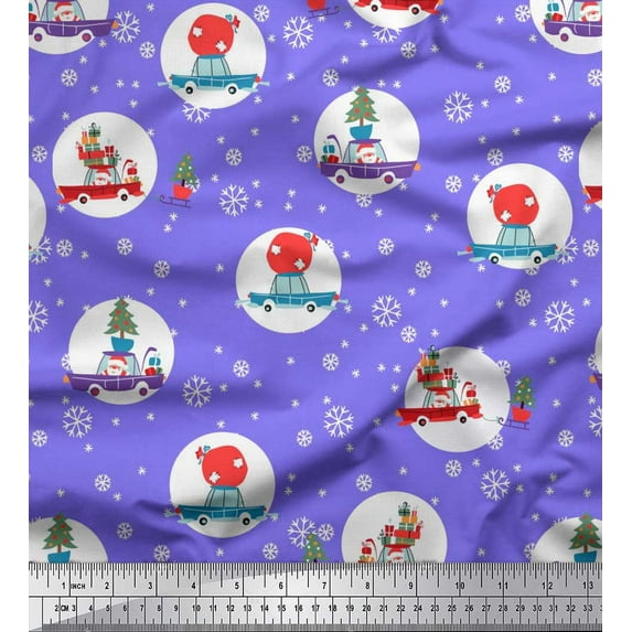 Soimoi Poly Georgette Fabric Gift Box,Car & Santa Christmas Printed Craft Fabric by The Yard 42 Inch Wide