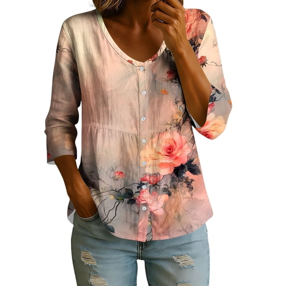 CLOISE Womens 3/4 Sleeve Tops Casual Shirts Loose Floral V Neck Pullover Fall Clothes Multicolor M