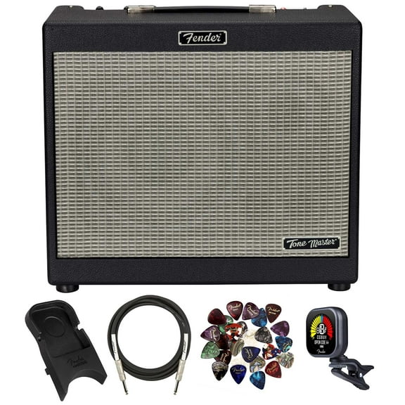 Fender Tone Master FR-10 1000-watt 1x10 Powered Guitar Cabinet Bundle with 10ft Instrument Cable, Amperstand Guitar Cradle, Tuner, and 24-Pack Fender Picks