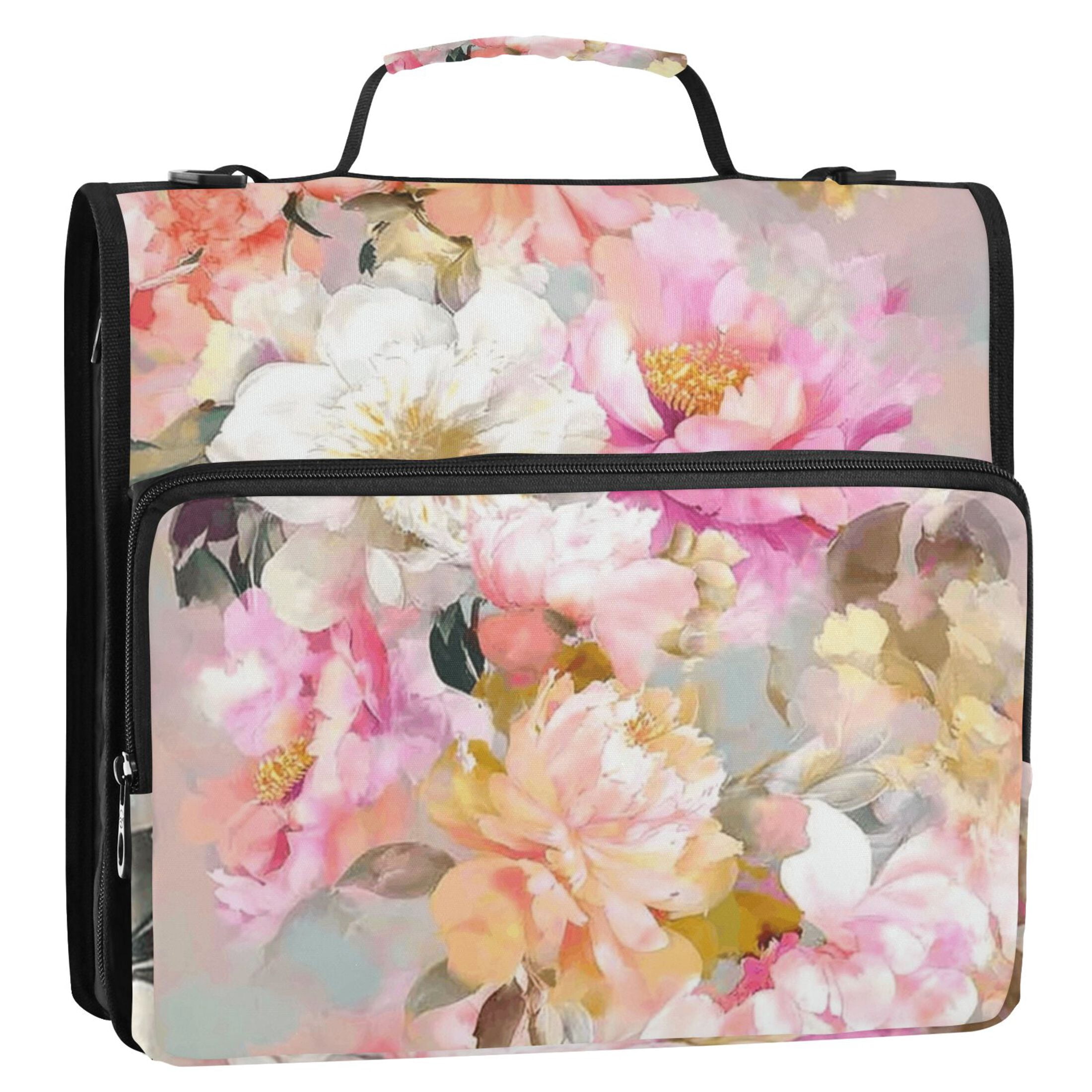 3 Ring Zipper Binder with Shoulder Strap Waterproof Trapper Keeper 2 Inch D-Ring 500 Sheets Capacity Abstract Watercolor Flower