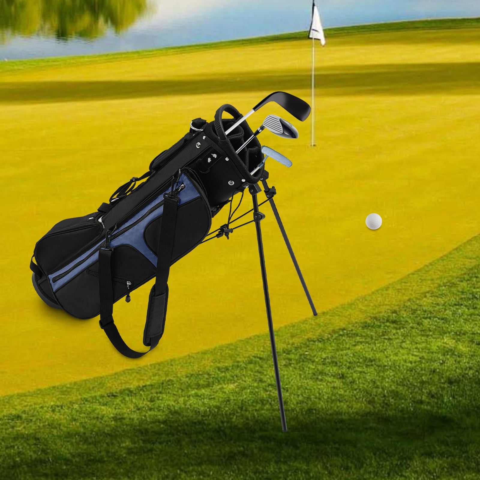 Black+ Blue Black+ Blue Portable Nylon&Cotton Golf Stand Bag for Golf Clubs with Detachable Small Bag Practical Zippers