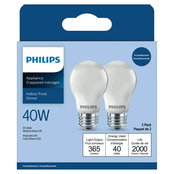 PHILIPS 40W A15 Medium Base Frosted Appliance Light Bulbs 2-Pack