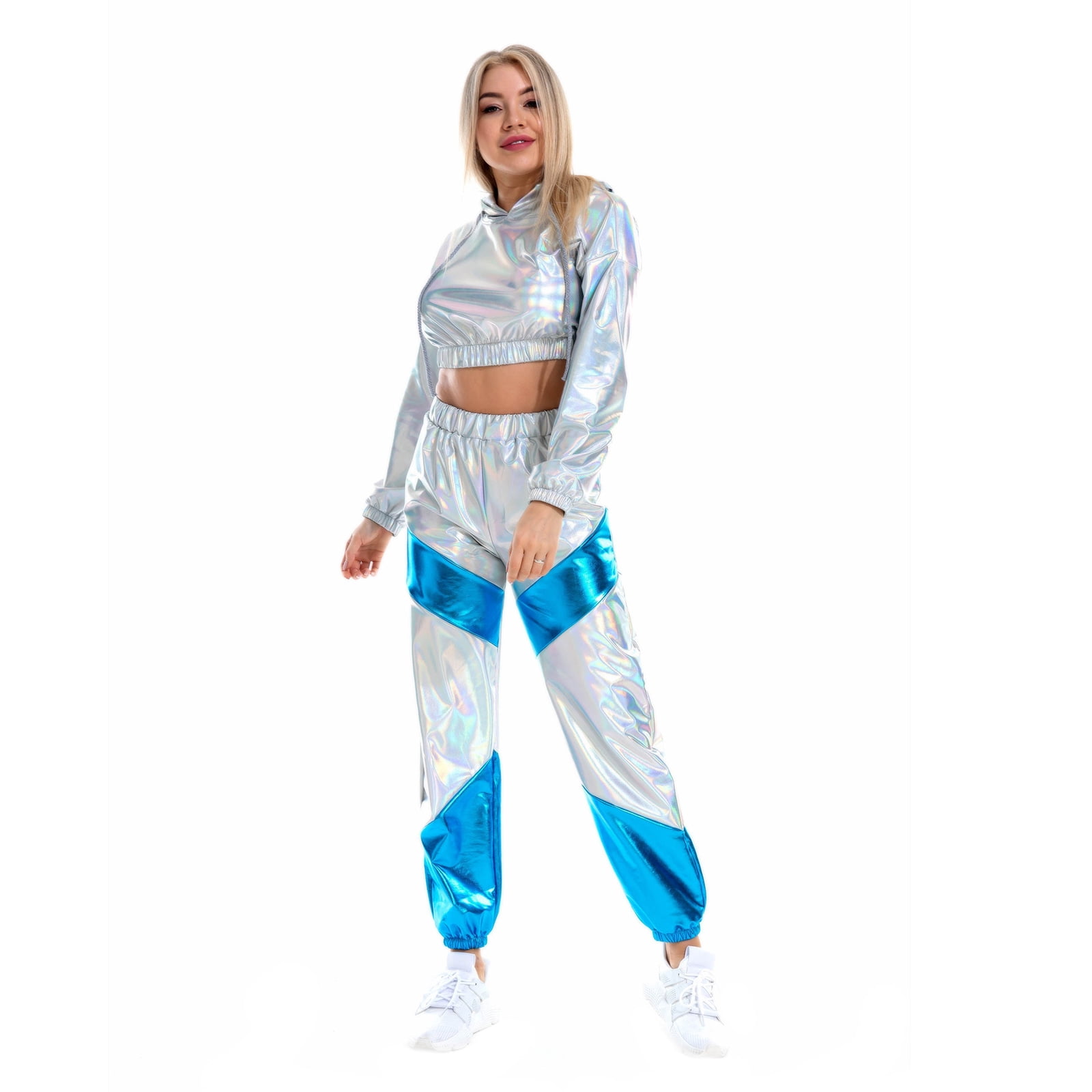 IBTOM CASTLE Women's Rave Outfit Shiny Crop Top Hoodie Casual Long Pants Hooded Workout Sweatshirt Dance Clubwear XXL Holographic Silver + Blue
