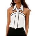 thumbnail image 2 of BSDJILFG Halter Tank Tops for Women Tie Front Y2K Juniors Dress Shirts Off the Shoulder Color Block Tube Top with Collar, 2 of 7