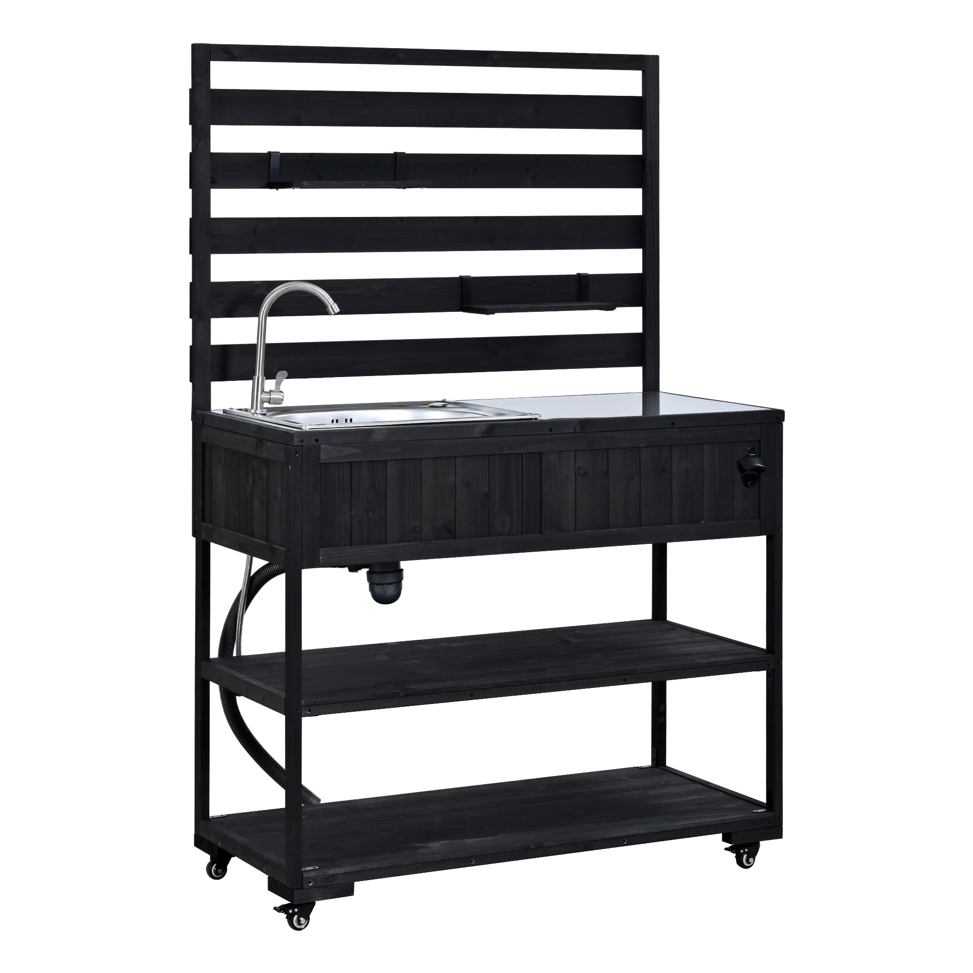 Mintazer Outdoor 41.7" Rolling Kitchen Island with Sink & Faucet, Garden Potting Bench with Stainless Table Top & 2 Movable Shelves and Bottle Opener, Black