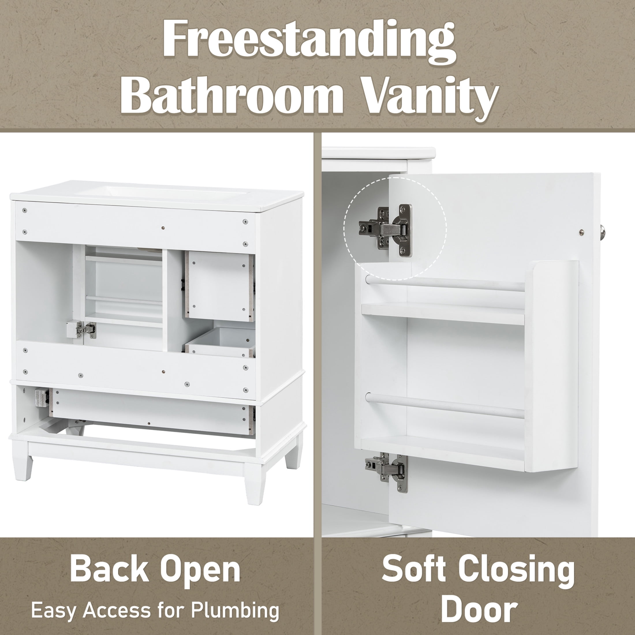 Christopher Knight Home 30" Bathroom Vanity with Ceramic Sink, Multifunctional Storage, Soft Close Door, White