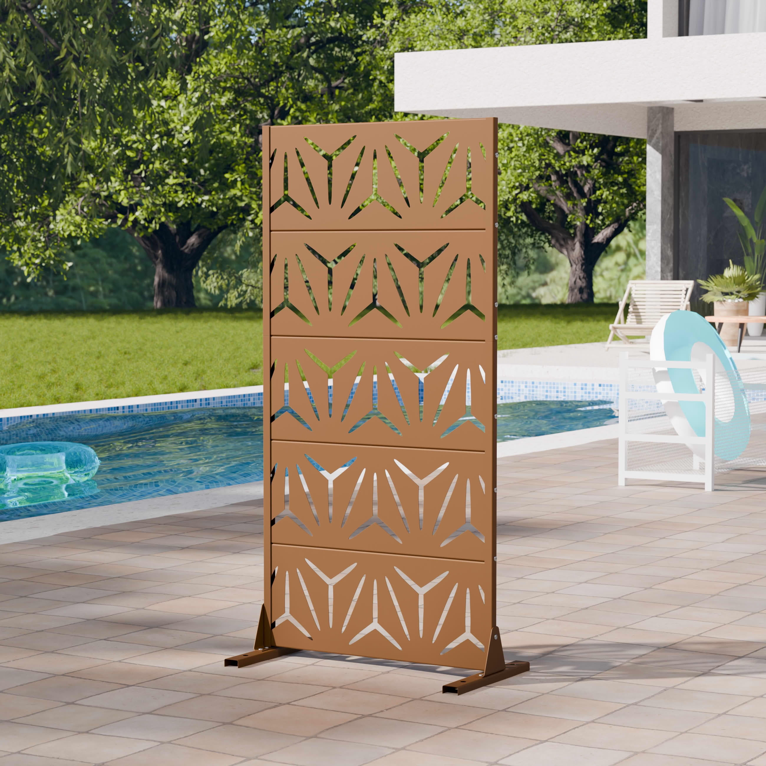 MAYEERTY 2-Piece Outdoor Metal Privacy Screen 5ft Brown, 5-Panel Geometric Y-Pattern Decorative Screen for Garden