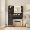 thumbnail image 1 of Vanity Table with Lighted Mirror, 3 Lighting Modes Adjustable Makeup Vanity with Soft Cushioned Stool, 2 Drawers, Cabinet and Charging Station, Modern Dressing Table Set for Bedroom, Black, 1 of 8