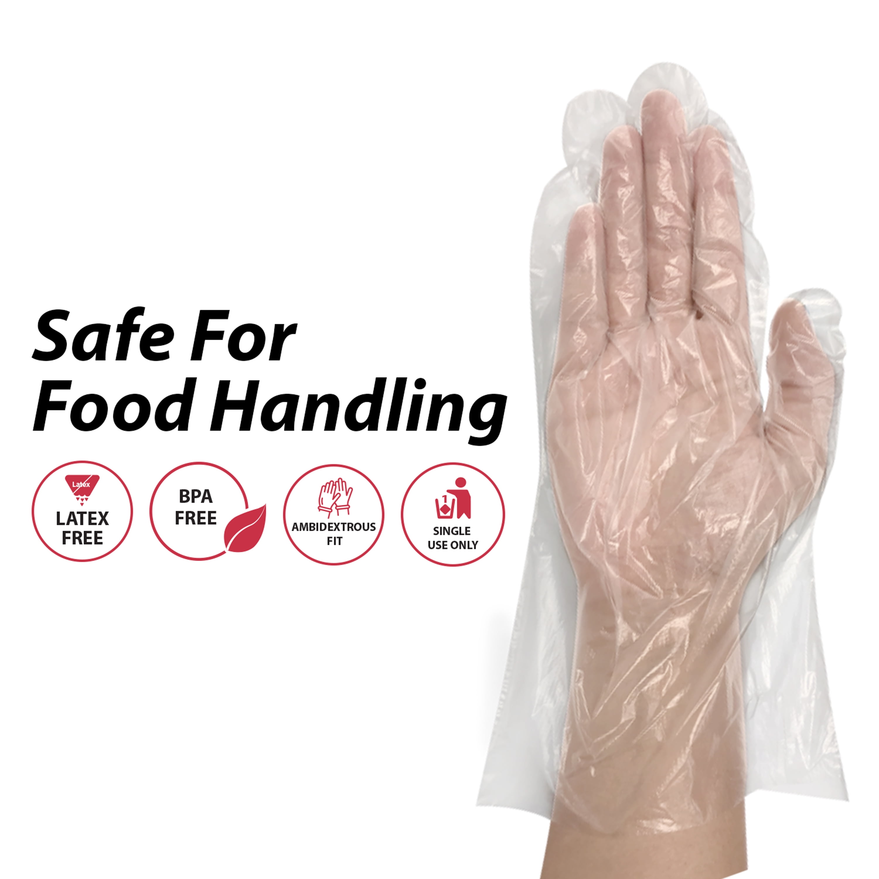 Safe Handler Disposable Food Prep Gloves, 525/Box (2100 Pcs), 11.5" Long Cuff Clear Poly Gloves for Food Handling & Service - One Size Fits Most
