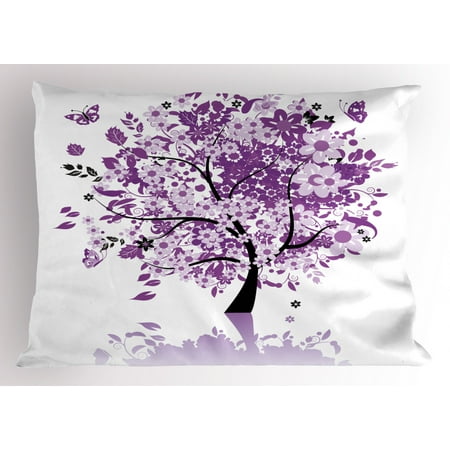 Standard Lilac Nature Pillow Sham Spring Tree of Life Sacred Woods with Blooming Flower and Butterfly Flying Romance, Decorative Standard Size Printed Pillowcase, 26 X 20 Inches, Lilac Purple, by Ambesonne ()