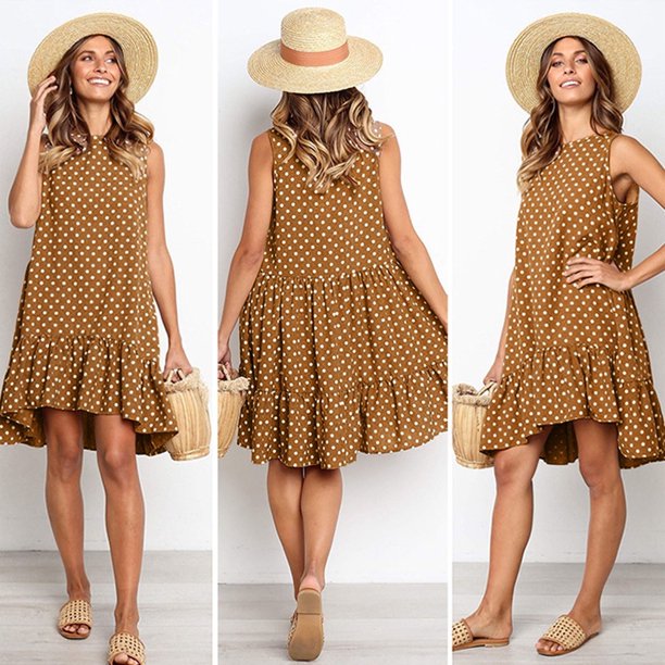 Vestidos largos Fnochy para mujer, vestido de verano en liquidación, moda, cuello redondo, sin mangas, lunares, suelto, vestido con volantes grandes