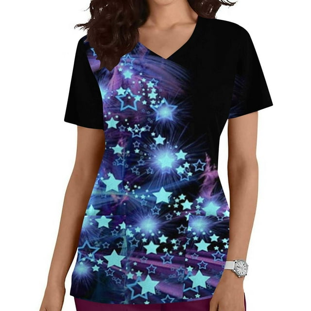 LSLJS Christmas Blouse de Soins Infirmiers de Noël pour Femmes, Imprimé, Col en V, Manches Courtes, avec Poche, Scrub Tops