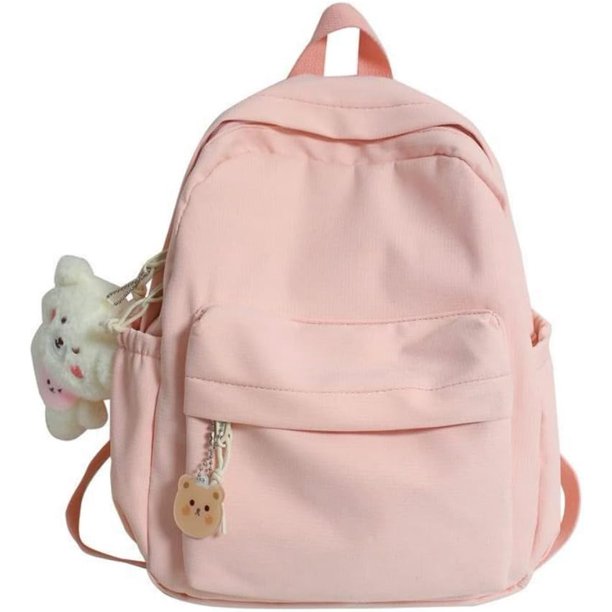 LHSHID Women Kawaii Pure Colour Small Backpack Purse Girl Cute Bear Pendant Pink Backpack Primary School Student School Bag (Pink)