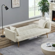 71 Inches Velvet Futon Sofa Bed with 2 Pillows,Modern Convertible Futon Couch with 3 Adjustable Backrest Angles and Gold Metal Feet,Suitable for Apartment,Living Room,Small Space,Beige