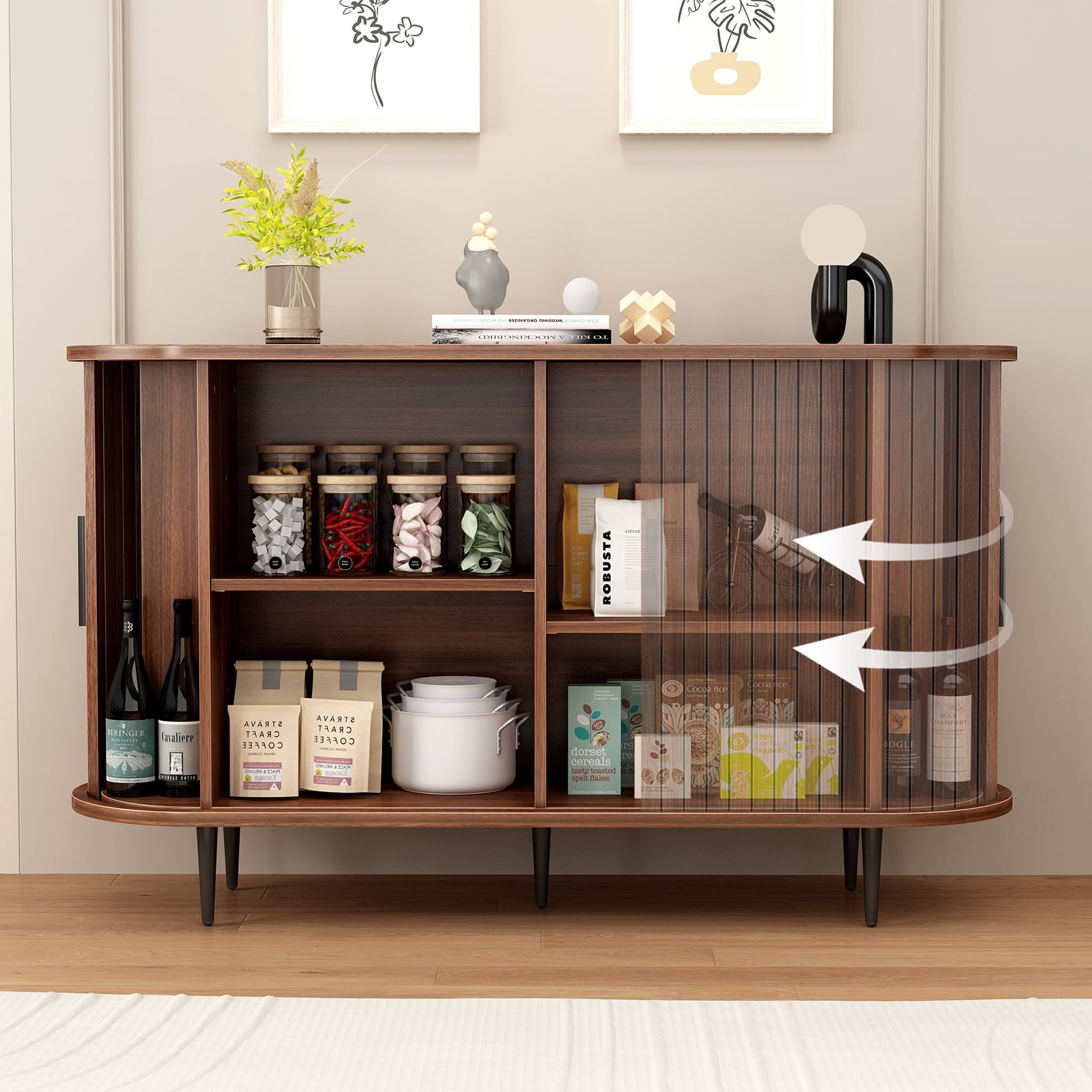 47"W x 29"H Buffet Sideboard Cabinet with Storage, Fluted Storage Accent Cabinet with Curvy Edge, Sliding Door, Credenza, Console Table for Living, Dining Room, Kitchen, Hallway
