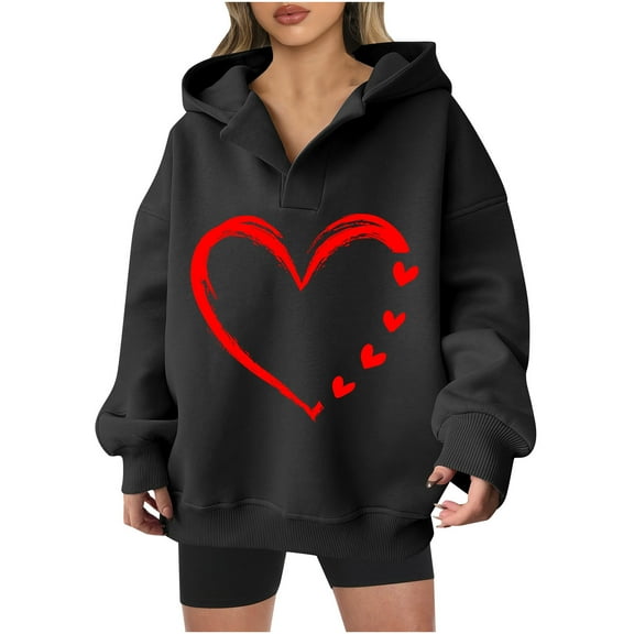 Goodeals Women Hoodie Oversized V Neck Sweatshirts Valentine's Day Fashion Long Sleeve Pullover Sweater 2025 Trendy Preepy Teen Girls Hoodies(Black,M)Clearance