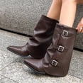thumbnail image 4 of Vibrex Women Slouchy Mid Calf Boots Casual Pointed Toe Pull On Boots Fold Over Metal Buckle Comfortable Boots Low Heeled Fall Winter Fashion Boots, 4 of 9
