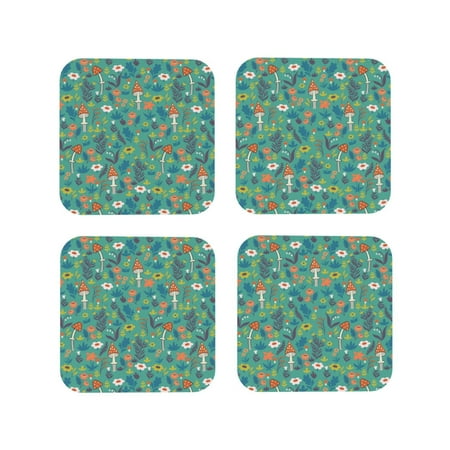 

Pofeuu Mushrooms and Flowers Print Coasters for Drinks 4Pack PU Leather Coasters Bar Drink Coasters for Tabletop Protection Furniture from Damage-Square