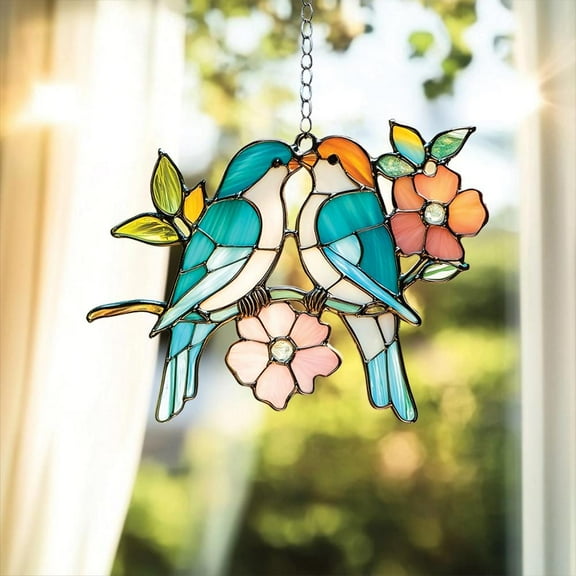 Stained Glass Birds on Branch, Cute Lovebirds Window Decor, Nature-Inspired Suncatcher