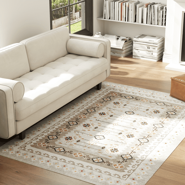 Brown Geometric & Floral Pattern Area Rug 72"x48" Flannel Soft Non-Slip TPR Backing Machine Washable Rug for Living Room Bedroom