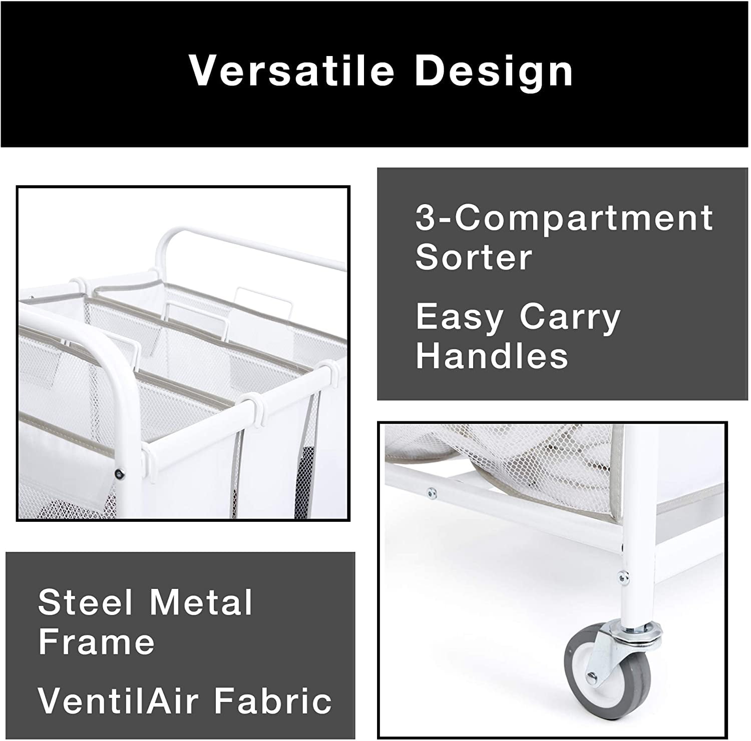Smart Design Premium Rolling 3 Compartment Mesh Laundry Sorter Hamper w/ Wheels & Handles - Steel Metal Frame - VentilAir Fabric Design - Clothes & Laundry - Home Organization (Holds 9 Loads) [White]