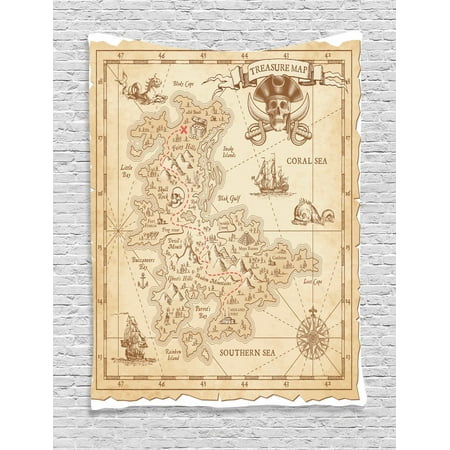 Island Tapestry, Old Ancient Antique Treasure Map with Details Retro Color Adventure Sailing Pirate Print, Wall Hanging for Bedroom Living Room Dorm Decor, Cream, by