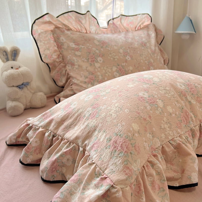 Floral Ruffle Duvet Cover Set Twin Size Pink Flowers Black Edge Bedding Duvet Cover with Zipper Closure Reversible Comforter Duvet Cover and 2 Pillowcases