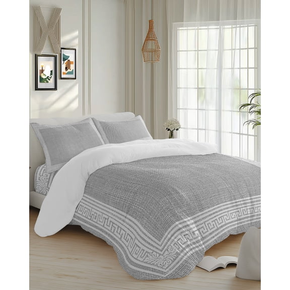 4 Piece Duvet Cover Set Cal king, Vintage Key Pattern Grey Linen Soft Breathable Bedding Set with Pillow Shams Flat Sheet, Abstract Square Texture Bed Comforter Cover Sets