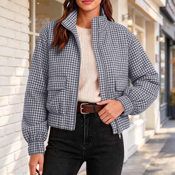 Womens Cropped Plaid Jacket,Zip Up Lightweight Casual Fleece Coat with Pockets,Bomber Gingham Windbreaker Short Warm Jacket,Vintage Stand Collar,Long Sleeve,Loose Fit,Fall Workout Outerwear Grey