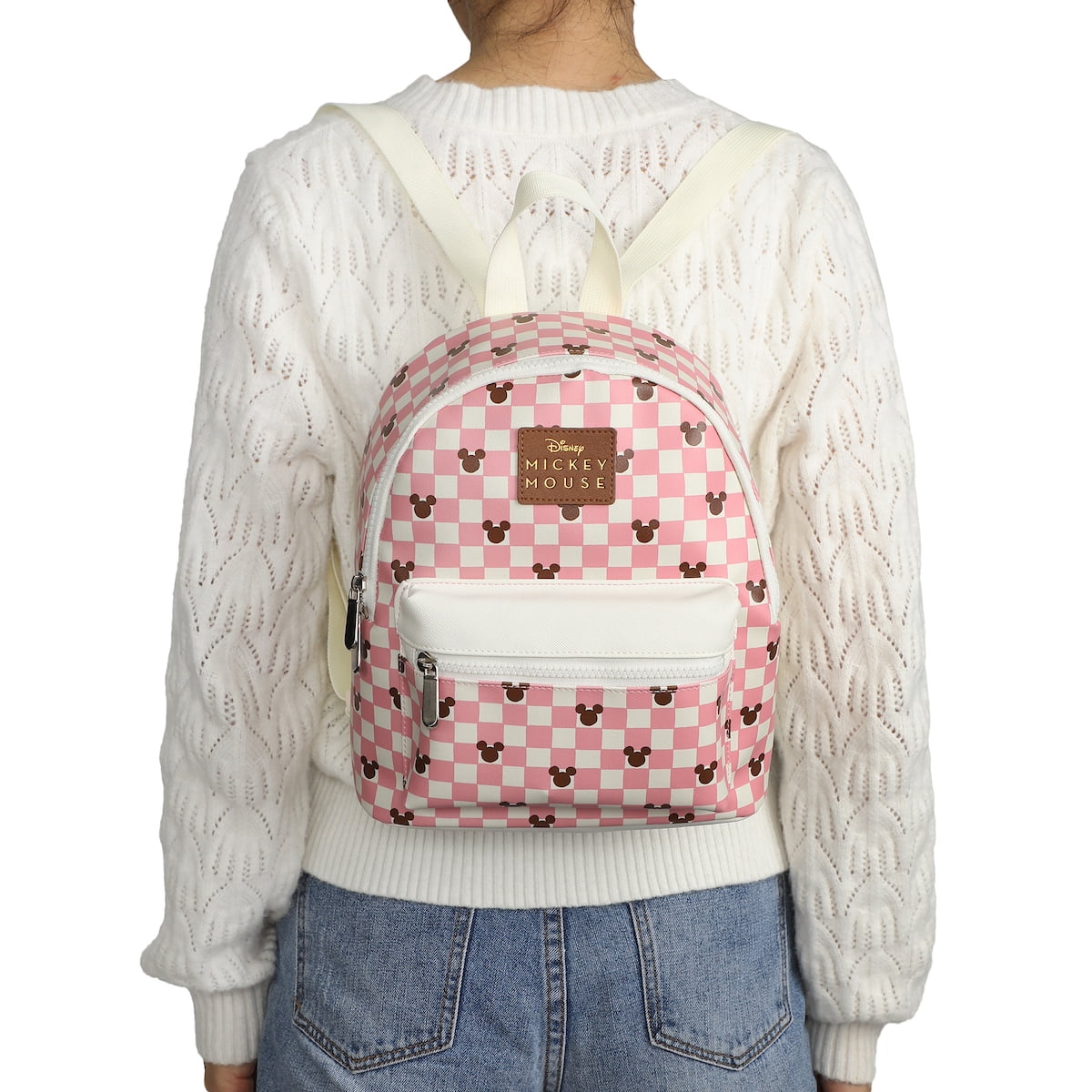 Disney Mickey Mouse Pink Checkered Backpack with Mouse Ears Design Disney Mickey Ears 11.5 Pink & White Checkered Mini Backpack  main image 2