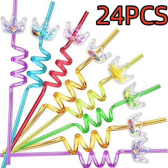 24 Glitter Princess Party Favors Reusable Crown Drinking Straws 6 Designs Great for Princess Theme Birthday Party Supplies with 2 Cleaning Brushes
