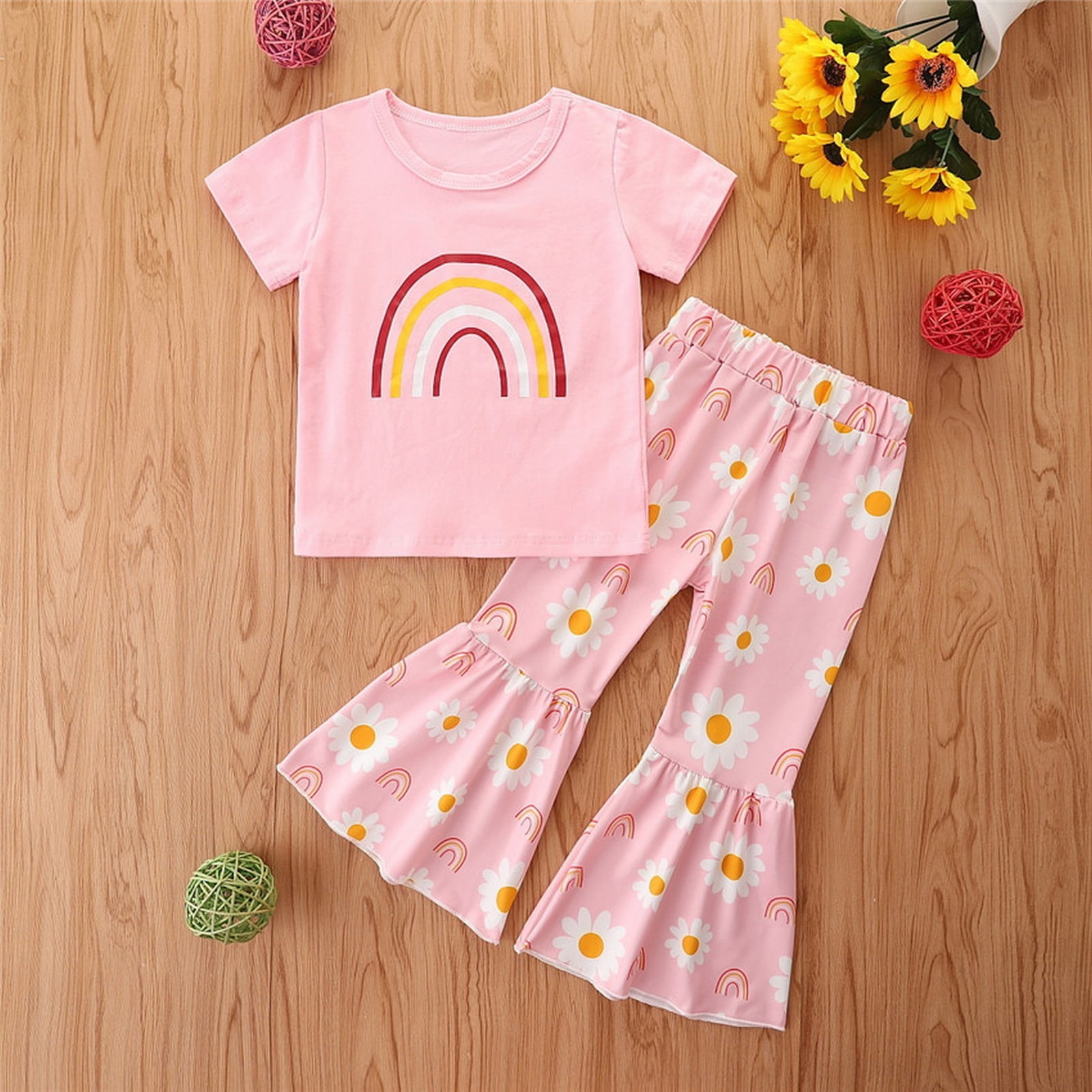 2pcs Baby Girl 100% Cotton Short-sleeve Rainbow Print Knot Front T-shirt and Leopard Flared Pants Set