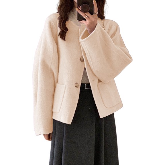 Fall Winter Women Jacket Crew Neck Single-breasted with Side Pockets Loose Short Type Woolen Jacket Shopping Commuting Daily Coat